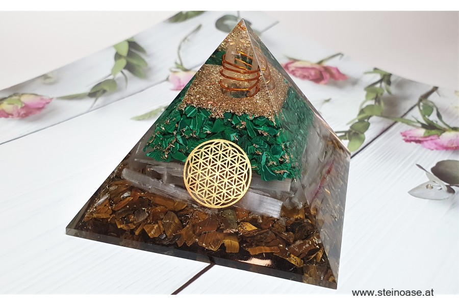 Orgonit Pyramide: Selenit, Malachit & Tigerauge & Herkimer Diamant